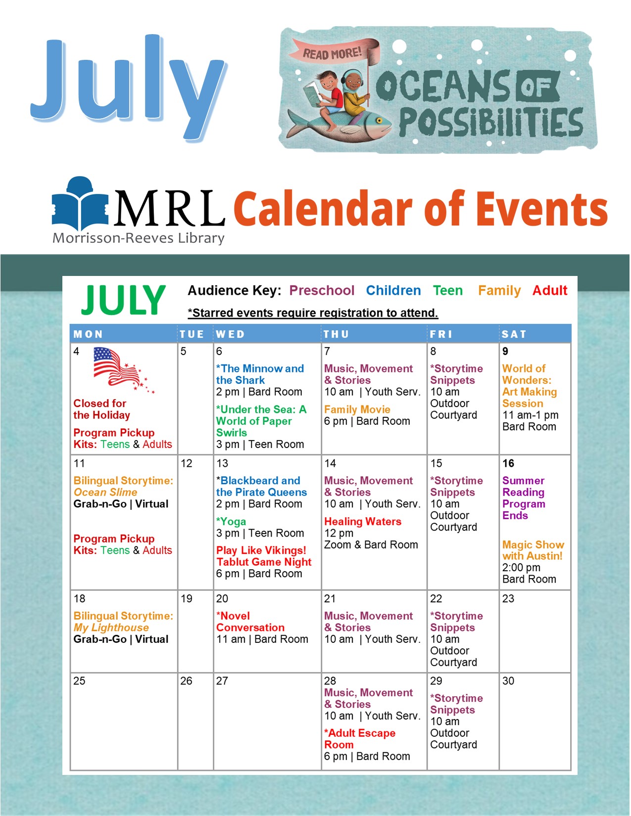 July Summer Reading Calendar