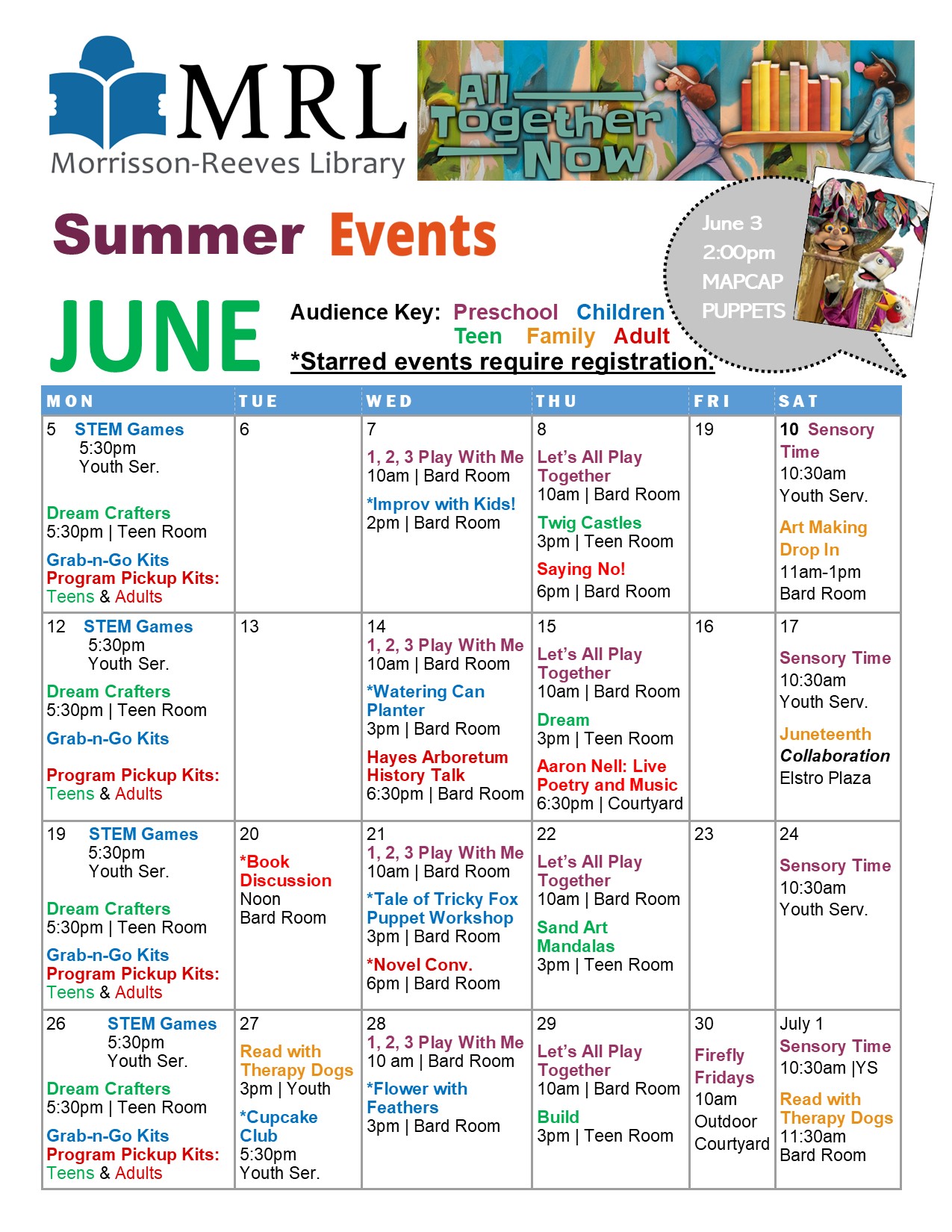 June 2023 Summer Reading events Calendar